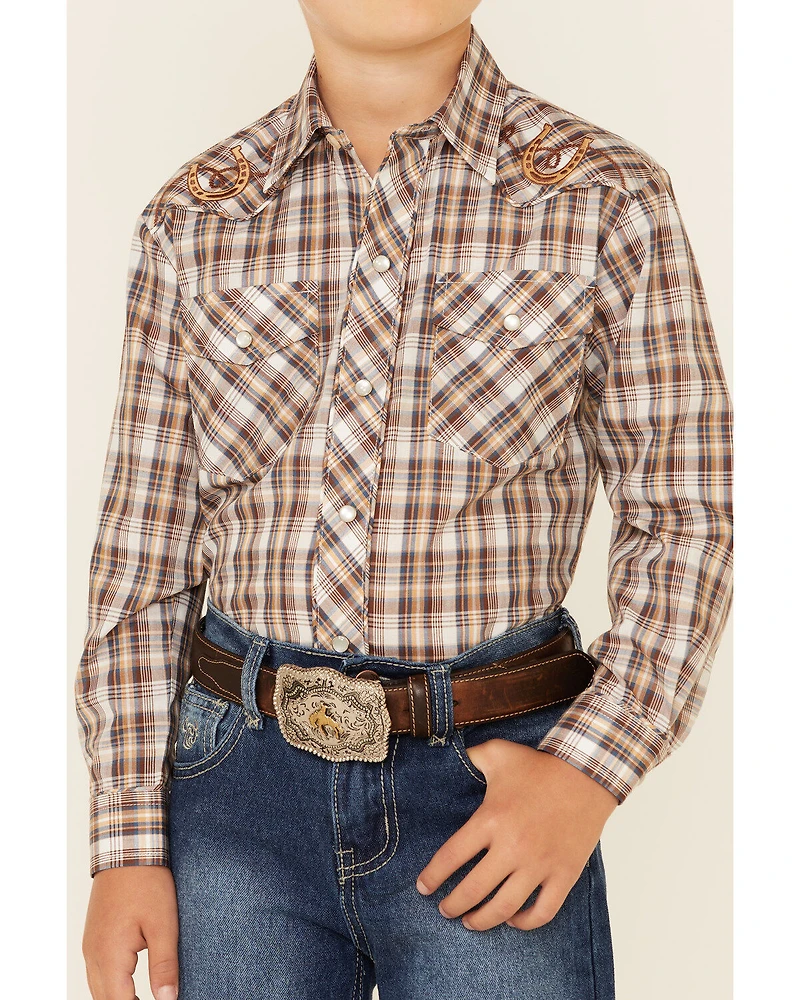 Roper Boys' Plaid Long Sleeve Pearl Snap Western Shirt