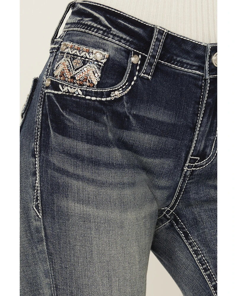 Grace LA Women's Medium Wash Mid Rise Geo Pocket Bootcut Stretch Denim Jeans