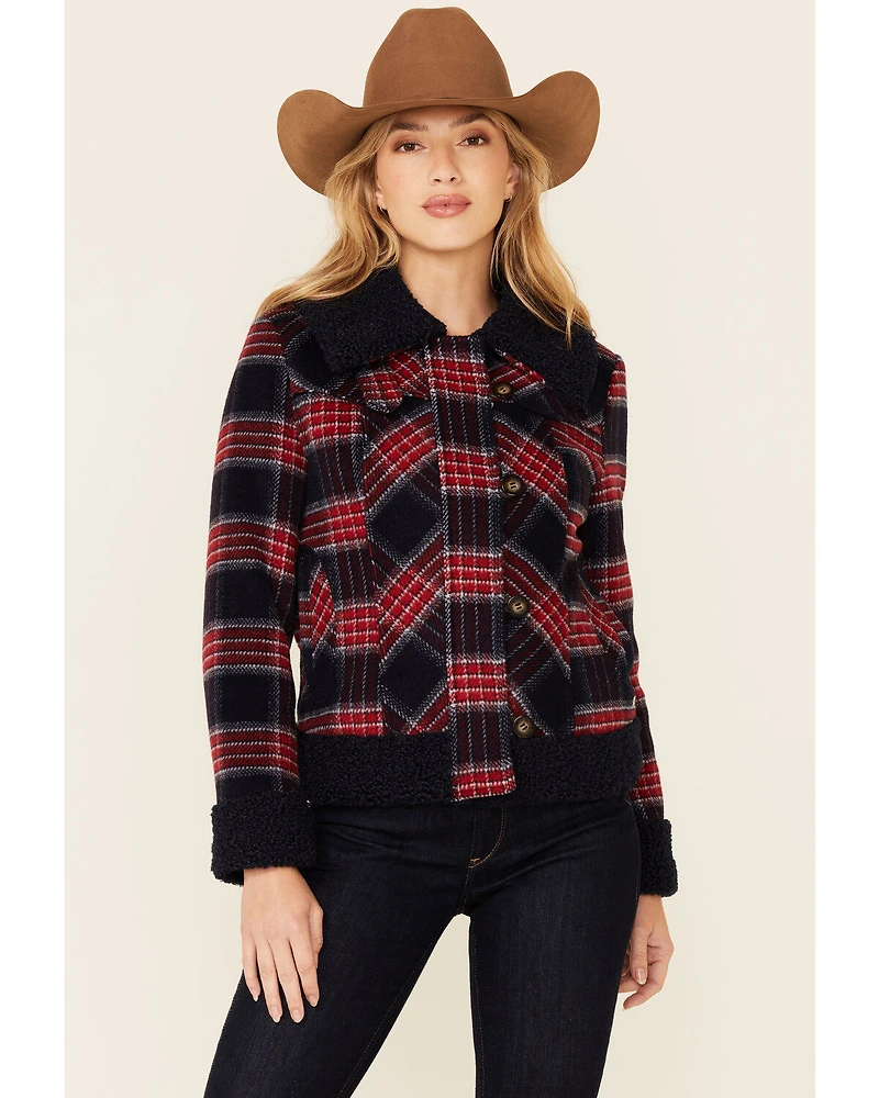 Powder River Outfitters Women's Red & Navy Plaid Button-Front Wool Sherpa Coat
