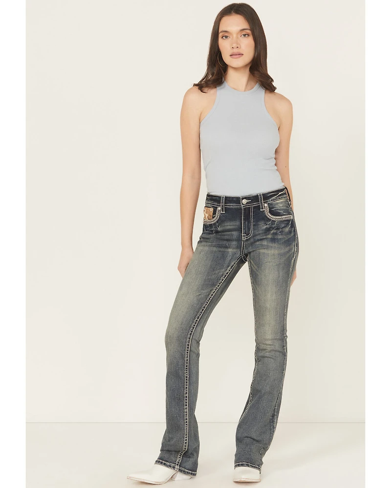Grace LA Women's Medium Wash Mid Rise Hairon Bootcut Stretch Denim Jeans