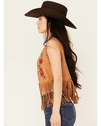 Vocal Women's Embroidered Rose Faux Suede Fringe Vest