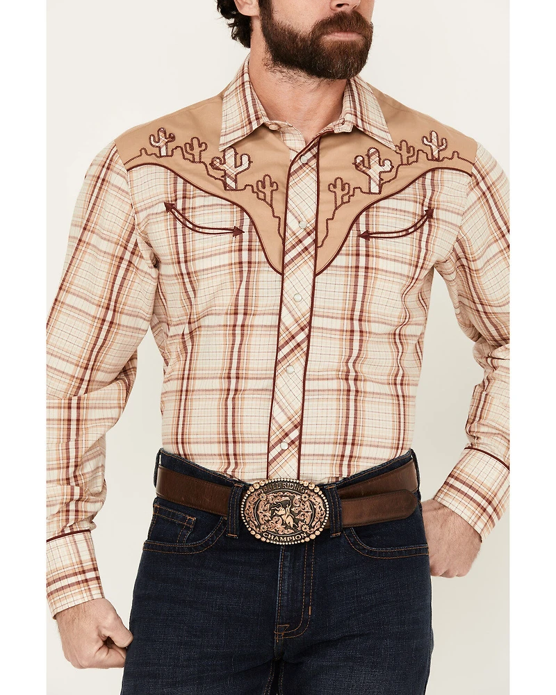 Roper Men's Plaid Print Embroidered Long Sleeve Pearl Snap Western Shirt