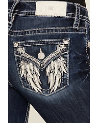Miss Me Women's Dark Wash Mid Rise Feather Pocket 32" Bootcut Stretch Denim Jeans