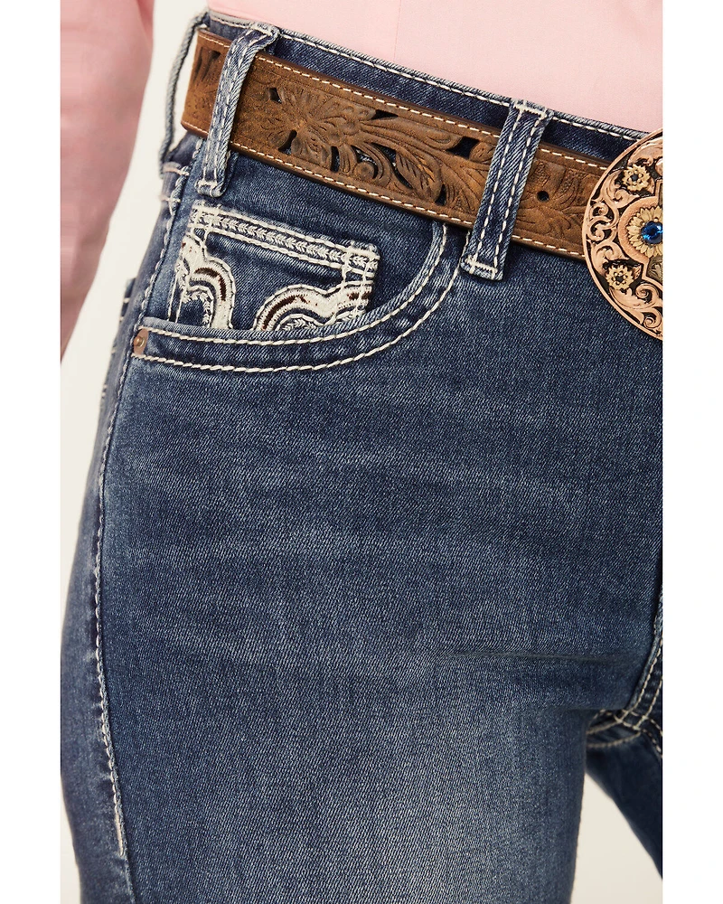 Rock & Roll Denim Women's Medium Wash Mid Rise Cowhide Pocket Bootcut Stretch Jeans