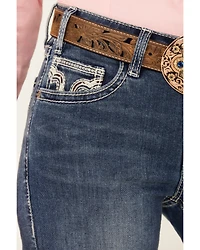Rock & Roll Denim Women's Medium Wash Mid Rise Cowhide Pocket Bootcut Stretch Jeans