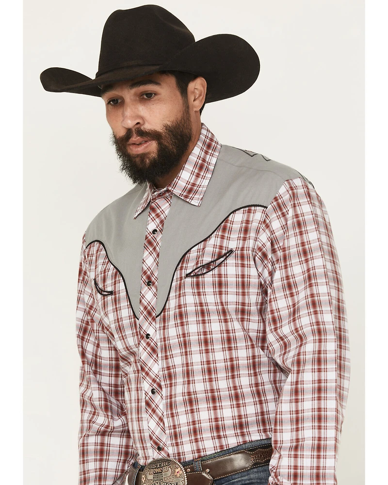 Roper Men's Plaid Print Embroidered Long Sleeve Snap Stretch Western Shirt