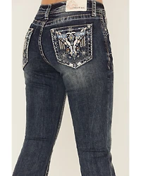 Grace LA Women's Medium Wash Steerhead Embroidered Bootcut Stretch Denim Jeans