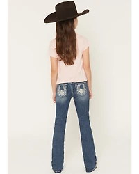 Grace LA Girls' Dark Wash Floral Horseshoe Pocket Bootcut Stretch Denim Jeans