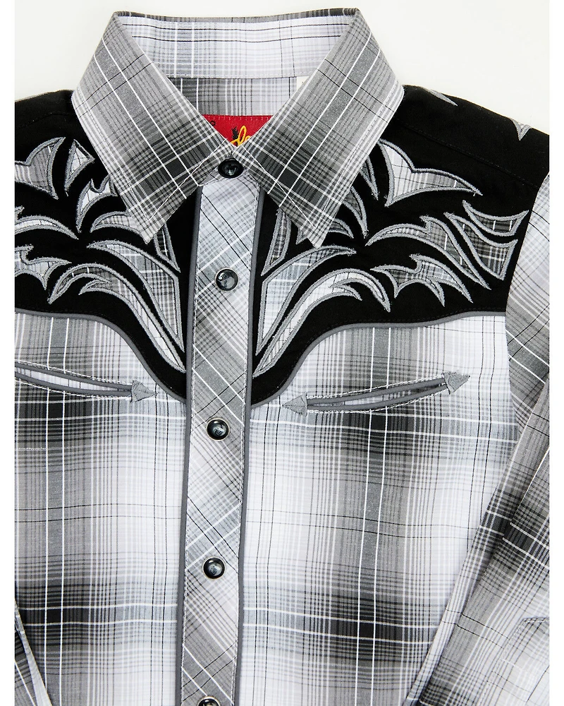 Rodeo Clothing Boys' Plaid Print Embroidered Long Sleeve Snap Western Shirt