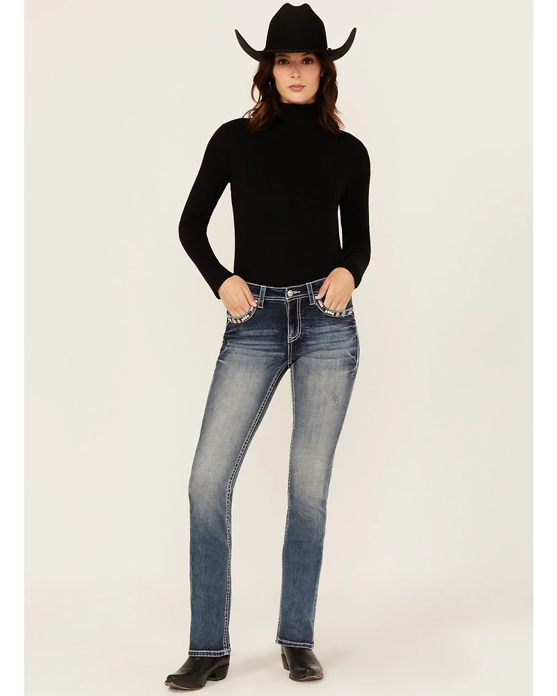 Grace LA Women's Medium Wash Geo Print Embroidered Mid Rise Bootcut Stretch Denim Jeans