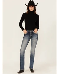 Grace LA Women's Medium Wash Geo Print Embroidered Mid Rise Bootcut Stretch Denim Jeans