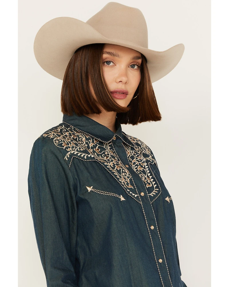 Scully Women's Vine Embroidered Long Sleeve Pearl Snap Western Shirt