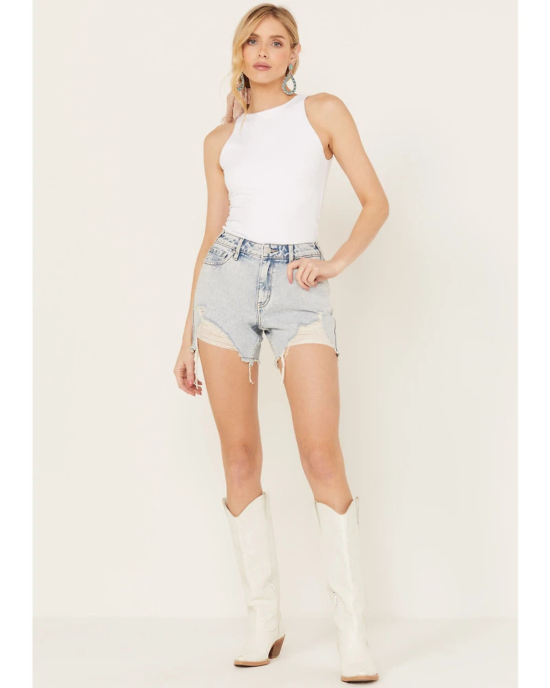Cleo + Wolf Women's Light Wash Mid Rise Denim Distressed Shorts