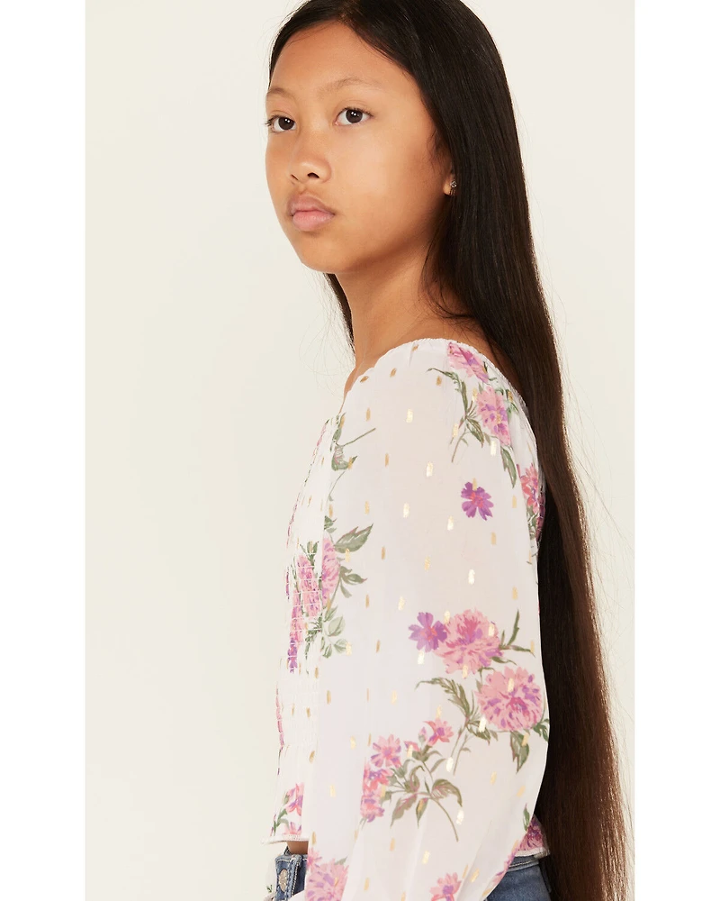 Sugar California Girls' Floral Printed Long Sleeve Smocked Shirt