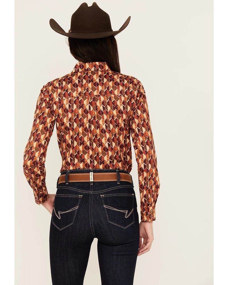 Shyanne Women's Diamond Printed Long Sleeve Button-Down Stretch Western Riding Shirt