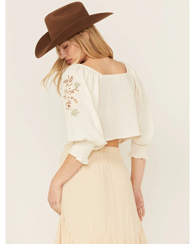 Shyanne Women's Embellished Tie Front Peasant Top