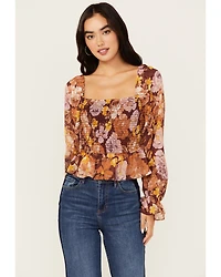 En Creme Women's Floral Print Shirred Long Sleeve Top
