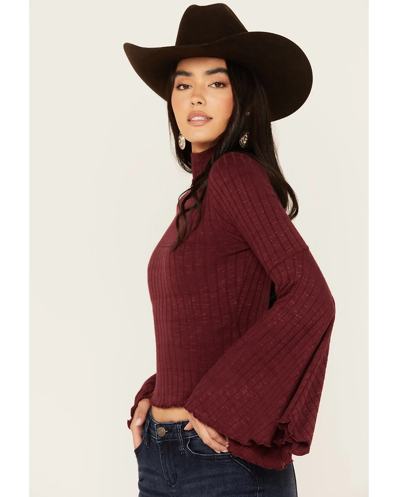 Shyanne Women's Rib Knit Mock Neck Bell Sleeve Top