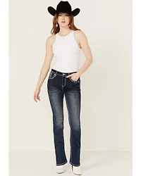 Grace LA Women's Dark Wash Sequin Pocket Mid Rise Bootcut Stretch Denim Jeans