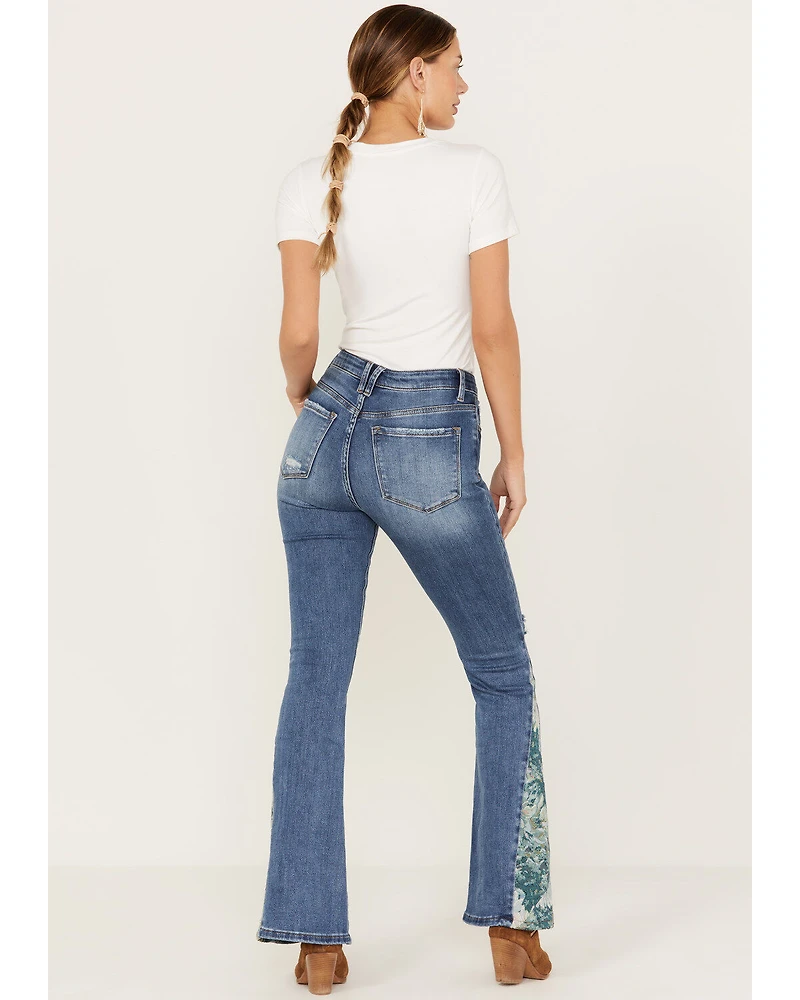 Vervet Women's Pound Medium Wash High Rise Floral Flare Jeans