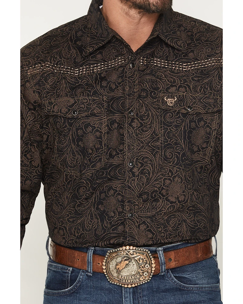 Cowboy Hardware Men's Tooled Floral Print Long Sleeve Snap Stretch Western Shirt