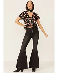 Beyond The Radar Women's Floral Satin Button Front Blouse