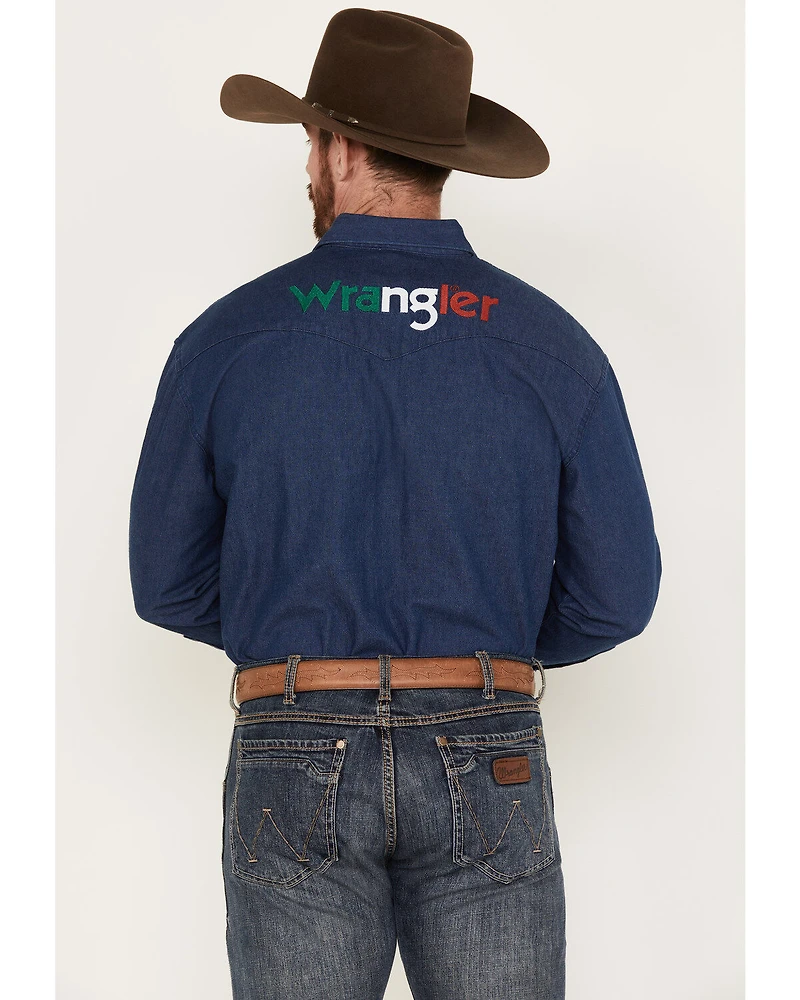 Wrangler Men's Mexico Flag Embroidered Logo Long Sleeve Western Snap Shirt
