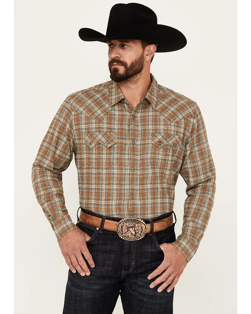Moonshine Spirit Men's Hickory Plaid Print Long Sleeve Snap Flannel Shirt