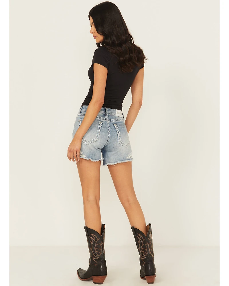 Grace LA Women's Embellished Light Wash Mid Rise Cutoff Stretch Denim Shorts