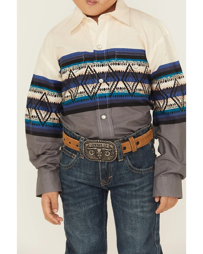 Roper Boys' Southwestern Striped Border Print Long Sleeve Pearl Snap Western Shirt