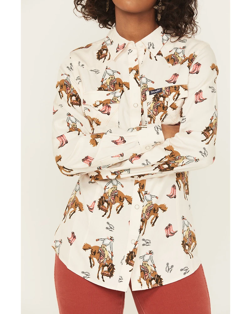 Wrangler Retro Women's Bucking Horse Conversational Print Long Sleeve Snap Western Shirt