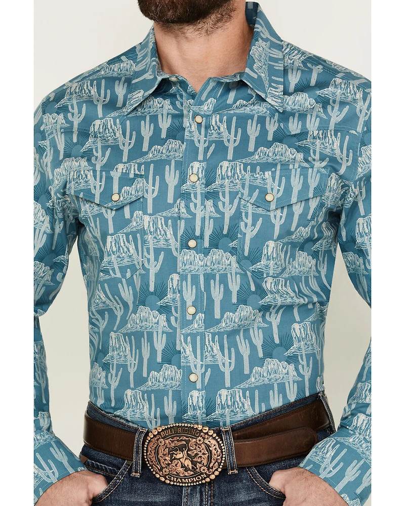 Rock & Roll Denim Men's Cactus Desert Print Long Sleeve Pearl Snap Stretch Western Shirt