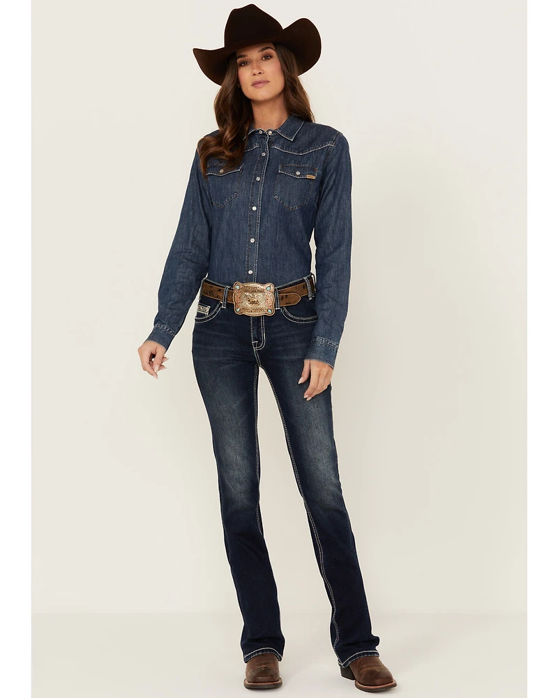 Rock & Roll Denim Women's Dark Wash Mid Rise Embroidered Bootcut Stretch Jeans