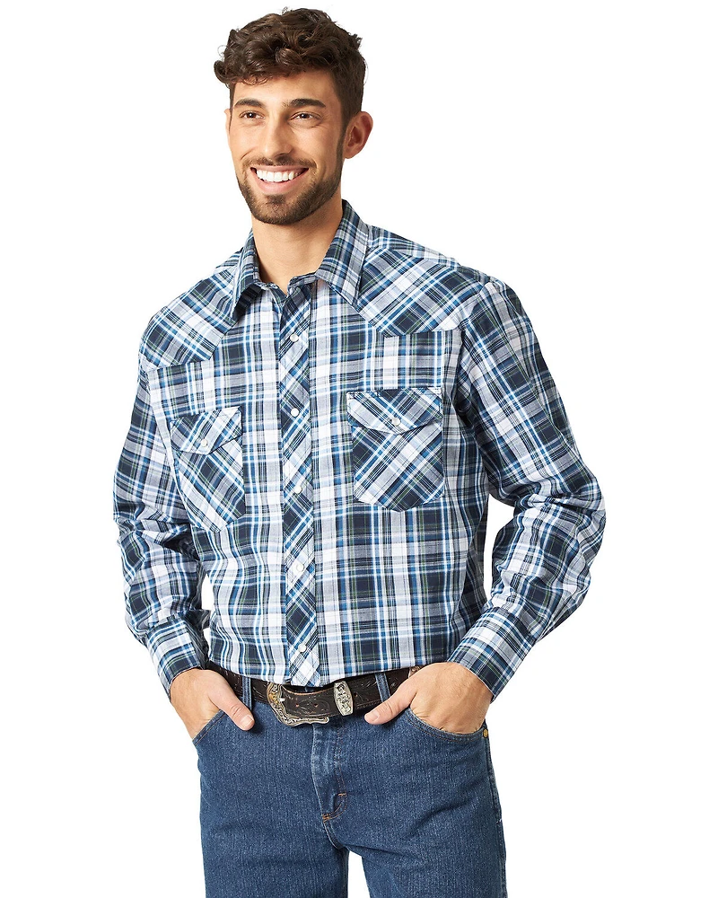 Wrangler Men's Assorted Stripe or Plaid Classic Long Sleeve Pearl Snap Western Shirt