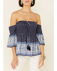 Temped Women's Border Print Smocked Off Shoulder Short Sleeve Top