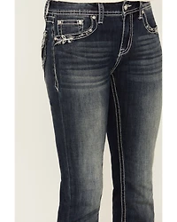 Grace LA Women's Dark Wash Mid Rise Floral Pocket Bootcut Stretch Denim Jeans