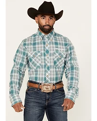 Wrangler Men's Plaid Print Logo Long Sleeve Button-Down Western Shirt