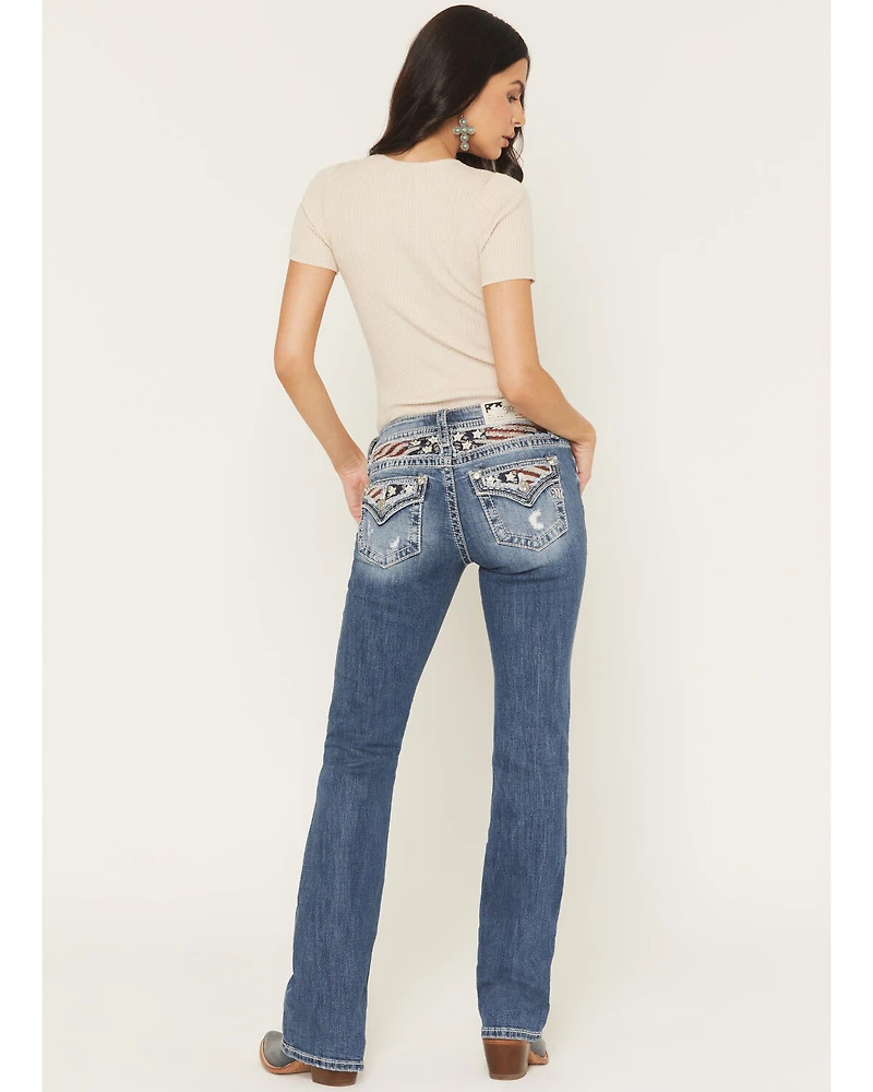 Miss Me Women's Medium Wash Mid Rise Americana Pocket 34" Bootcut Stretch Denim Jeans