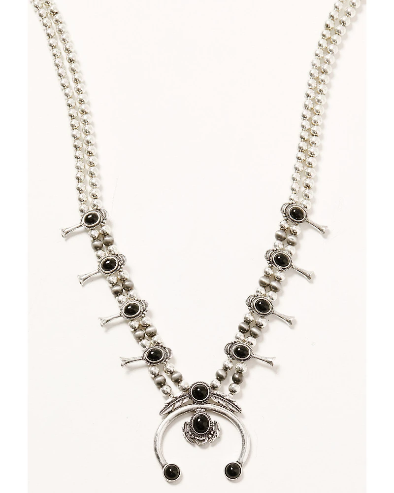 Shyanne Women's Silver Beaded Squash Blossom Onyx Stone Necklace