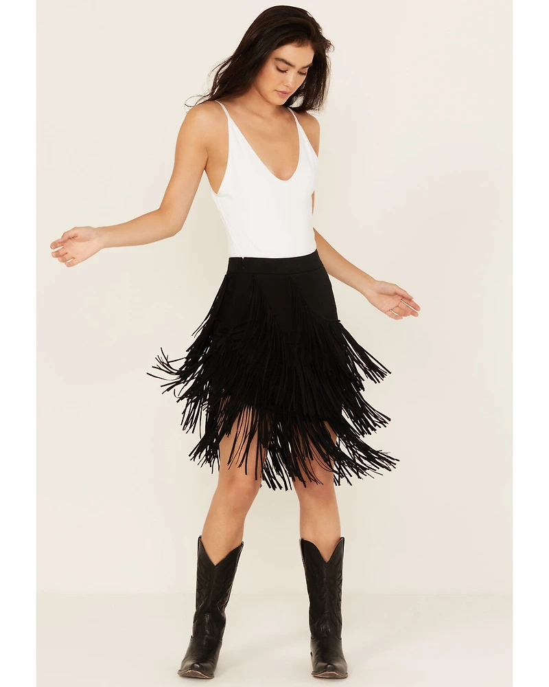 Idyllwind Women's Tina Asymmetrical Faux Suede Fringe Mini Skirt