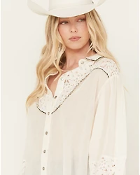 POL Women's Lace Yoke Long Sleeve Button Down Shirt