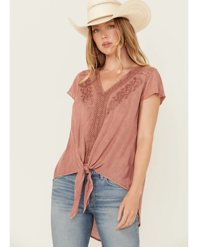 Nostalgia Women's Lace Trim Short Sleeve Tie Front Shirt