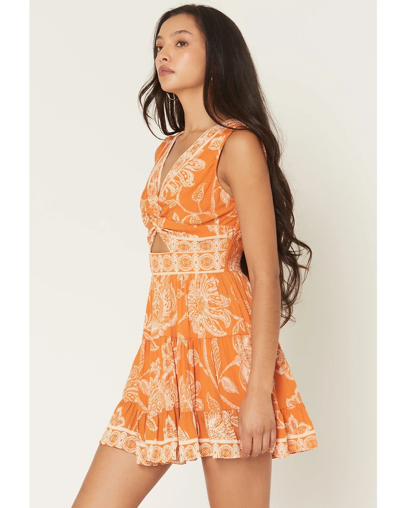 Angie Women's Floral Print Sleeveless Knot Front Mini Dress