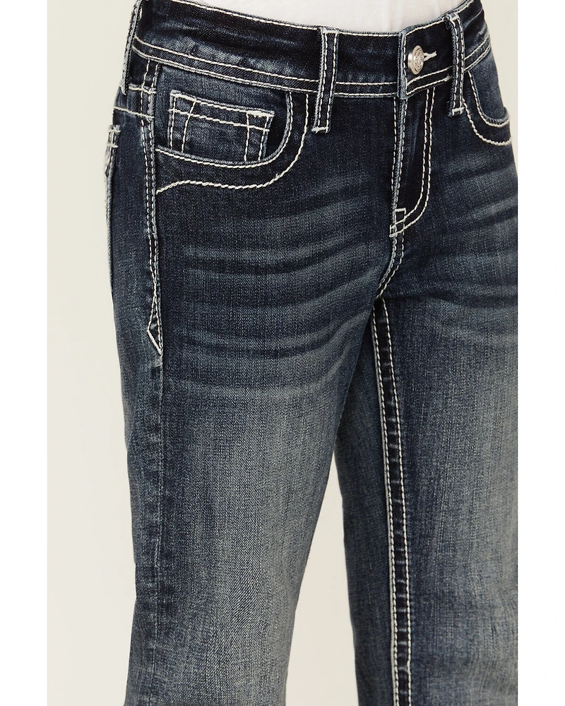 Grace LA Girls' Medium Wash Longhorn Skull Stretch Bootcut Jeans
