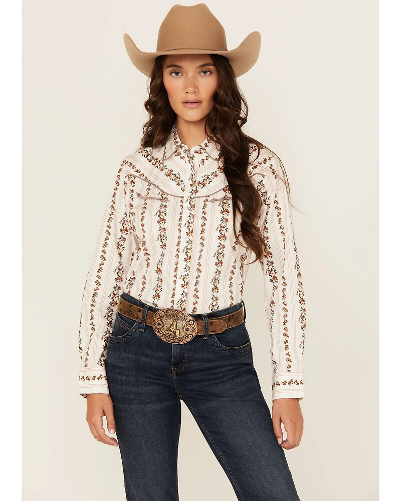 Ely Walker Women's Floral Wallpaper Print Long Sleeve Snap Stretch Western Shirt