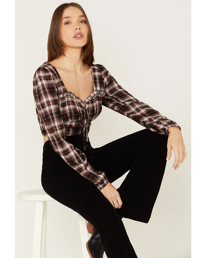 Wild Moss Women's Plaid Print Ruffle Tie Front Crop Top