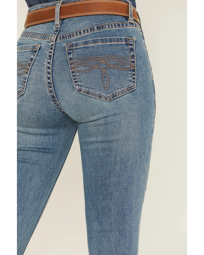 Rock & Roll Denim Women's Medium Wash Mid Rise Boot Stitch Bootcut Stretch Jeans