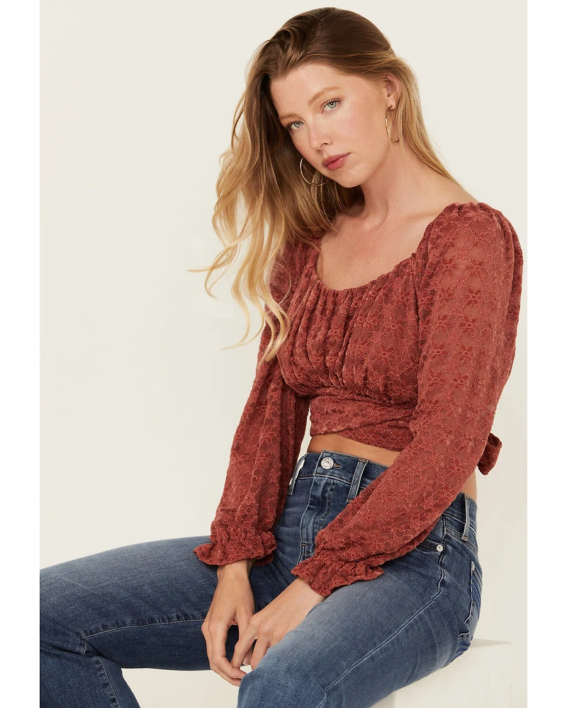 Beyond The Radar Women's Floral Lace Long Sleeve Tie Back Cropped Shirt