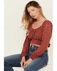 Beyond The Radar Women's Floral Lace Long Sleeve Tie Back Cropped Shirt