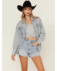 Blue B Women's Light Wash Denim Western Patchwork Long Sleeve Button-Down Shirt